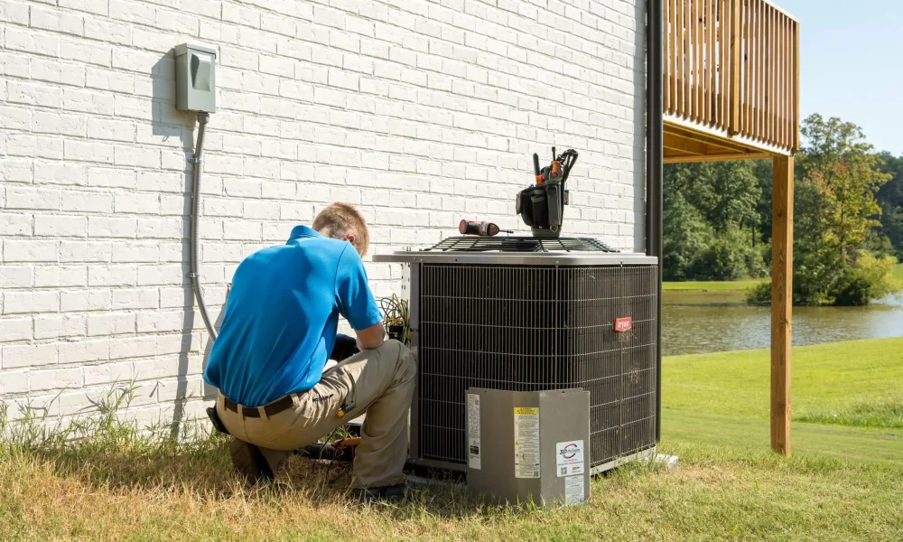 Technician servicing an outdoor air conditioning unit beside a home
